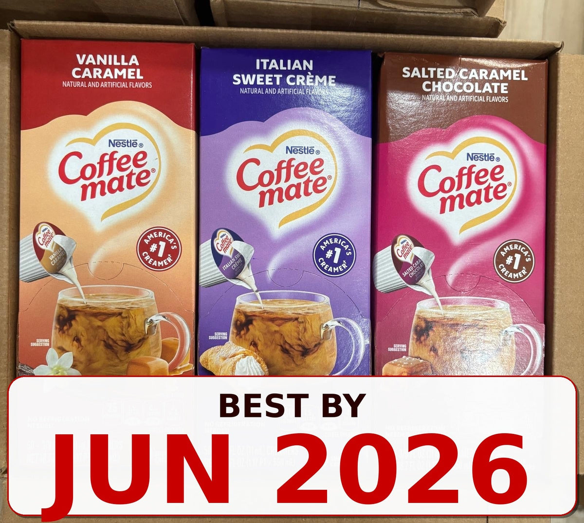 Coffee Mate liquid creamer trio — best by June 2026