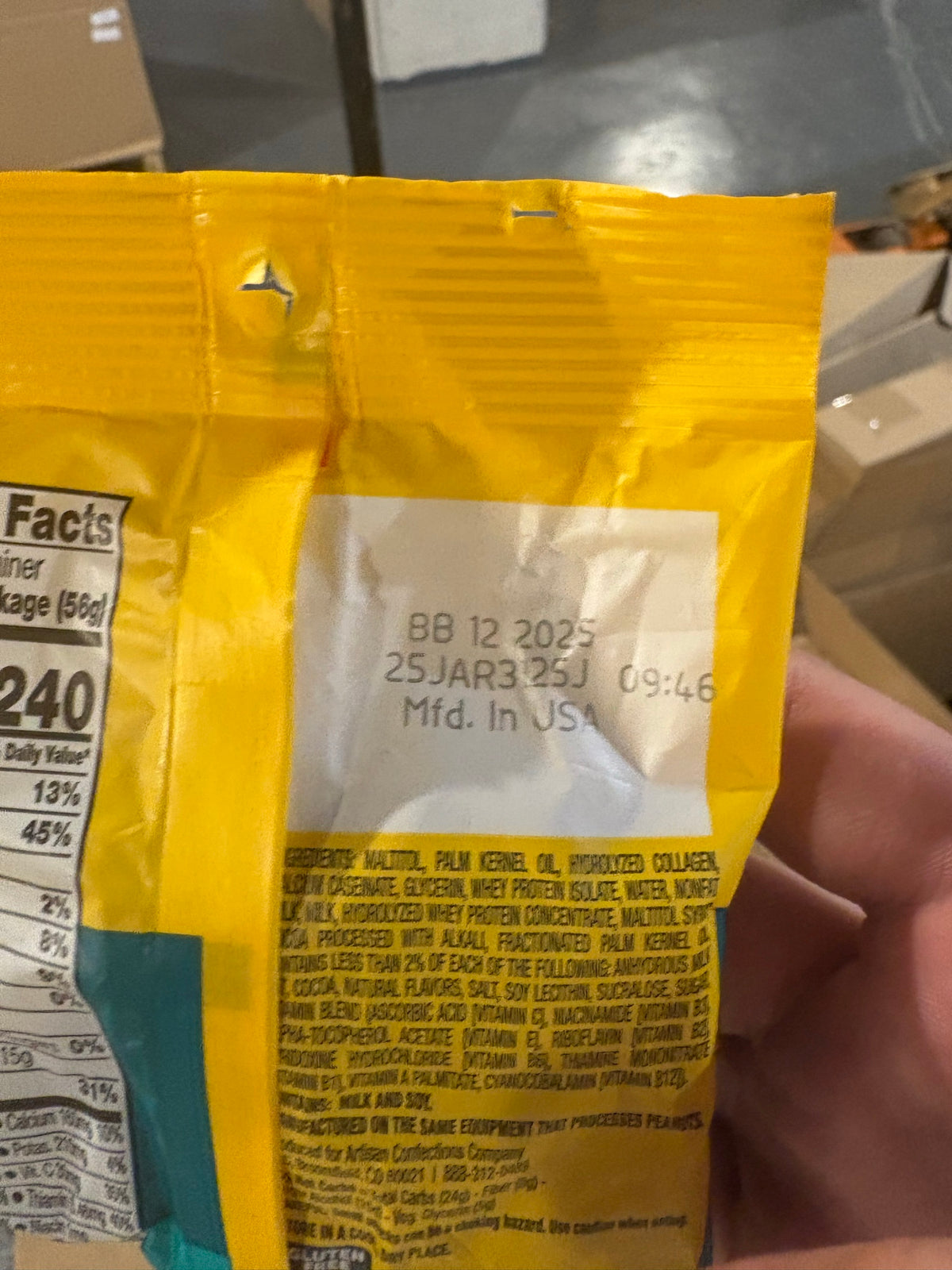 Same date code BB 12 2025 on an individual FULFIL Protein Bites pouch